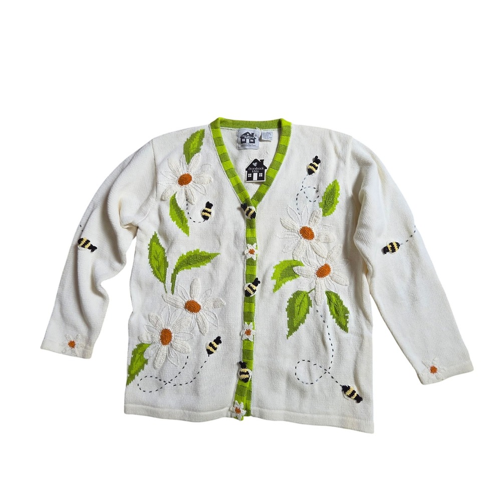 Storybook Knits Bumblebee Daisy Embroidered Cardigan Sweater M Cottagecore NWT
